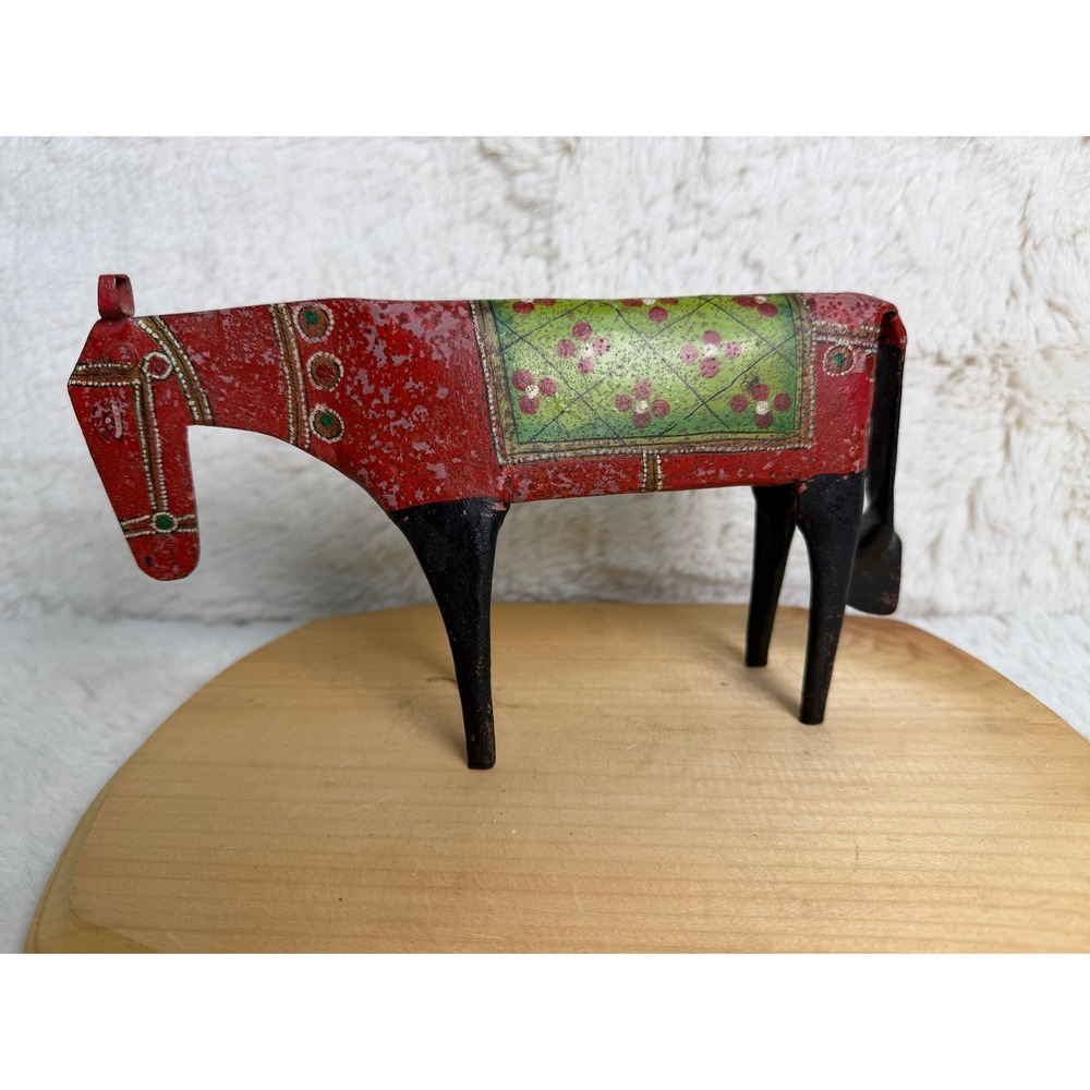 Vintage Indian Folk Art Metal Horse Figurine Hand Painted Red Green 8.5 Inch
